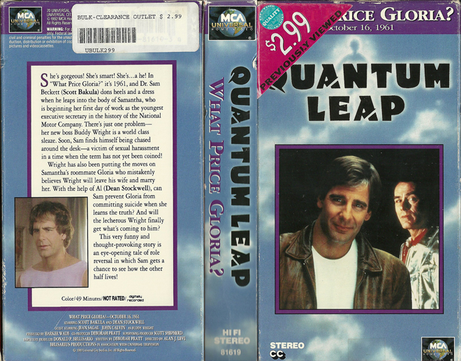 QUANTUM LEAP - WHAT PRICE GLORIA VHS, ACTION VHS COVER, HORROR VHS COVER, BLAXPLOITATION VHS COVER, HORROR VHS COVER, ACTION EXPLOITATION VHS COVER, SCI-FI VHS COVER, MUSIC VHS COVER, SEX COMEDY VHS COVER, DRAMA VHS COVER, SEXPLOITATION VHS COVER, BIG BOX VHS COVER, CLAMSHELL VHS COVER, VHS COVER, VHS COVERS, DVD COVER, DVD COVERS