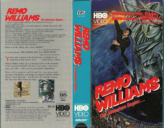 REMO WILLIAMS THE ADVENTURE BEGINS HBO VIDEO, BIG BOX, HORROR, ACTION EXPLOITATION, ACTION, HORROR, SCI-FI, MUSIC, THRILLER, SEX COMEDY,  DRAMA, SEXPLOITATION, VHS COVER, VHS COVERS, DVD COVER, DVD COVERS