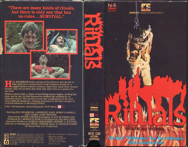 RITUALS, ACTION VHS COVER, HORROR VHS COVER, BLAXPLOITATION VHS COVER, HORROR VHS COVER, ACTION EXPLOITATION VHS COVER, SCI-FI VHS COVER, MUSIC VHS COVER, SEX COMEDY VHS COVER, DRAMA VHS COVER, SEXPLOITATION VHS COVER, BIG BOX VHS COVER, CLAMSHELL VHS COVER, VHS COVER, VHS COVERS, DVD COVER, DVD COVERS