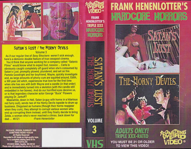 SATANS LUST AND THE HORNY DEVILS, SOMETHING WEIRD VIDEO, SWV, HORROR, ACTION EXPLOITATION, ACTION, HORROR, SCI-FI, MUSIC, THRILLER, SEX COMEDY,  DRAMA, SEXPLOITATION, VHS COVER, VHS COVERS, DVD COVER, DVD COVERS