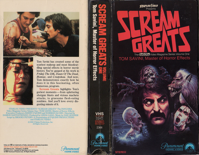 SCREAM GREATS THE FANGORIA VIDEO MAGAZINE VOLUME ONE TOM SAVINI STARLOG VIDEO VHS COVER, VHS COVERS