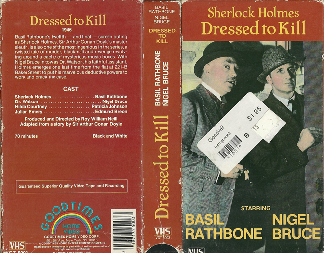 SHERLOCK HOLMES DRESSED TO KILL BASIL RATHBONE NIGEL BRUCE 1946 VHS COVER