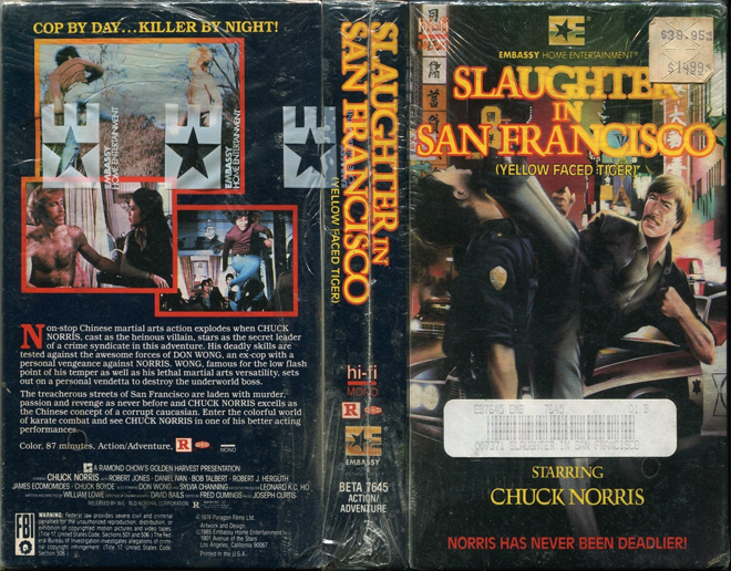SLAUGHTER IN SAN FRANCISCO CHUCK NORRIS, ACTION VHS COVER, HORROR VHS COVER, BLAXPLOITATION VHS COVER, HORROR VHS COVER, ACTION EXPLOITATION VHS COVER, SCI-FI VHS COVER, MUSIC VHS COVER, SEX COMEDY VHS COVER, DRAMA VHS COVER, SEXPLOITATION VHS COVER, BIG BOX VHS COVER, CLAMSHELL VHS COVER, VHS COVER, VHS COVERS, DVD COVER, DVD COVERS