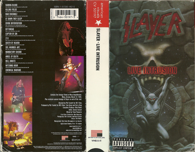SLAYER LIVE INTRUSION, ACTION VHS COVER, HORROR VHS COVER, BLAXPLOITATION VHS COVER, HORROR VHS COVER, ACTION EXPLOITATION VHS COVER, SCI-FI VHS COVER, MUSIC VHS COVER, SEX COMEDY VHS COVER, DRAMA VHS COVER, SEXPLOITATION VHS COVER, BIG BOX VHS COVER, CLAMSHELL VHS COVER, VHS COVER, VHS COVERS, DVD COVER, DVD COVERS