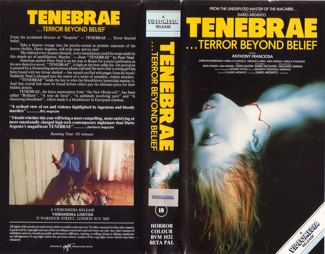 TENEBRAE ... TERROR BEYOND BELIEF VHS COVER, VHS COVERS