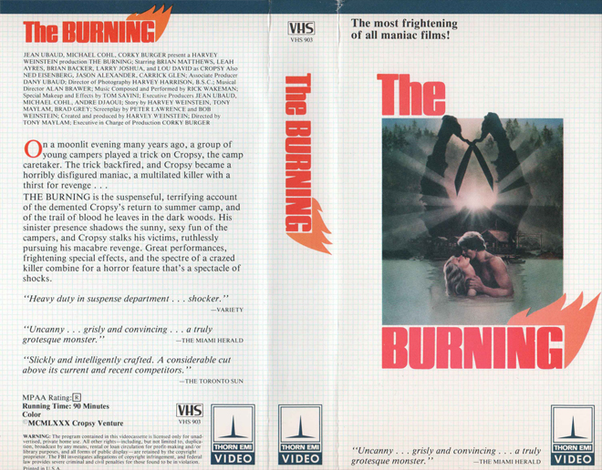 THE BURNING HORROR VHS, ACTION VHS COVER, HORROR VHS COVER, BLAXPLOITATION VHS COVER, HORROR VHS COVER, ACTION EXPLOITATION VHS COVER, SCI-FI VHS COVER, MUSIC VHS COVER, SEX COMEDY VHS COVER, DRAMA VHS COVER, SEXPLOITATION VHS COVER, BIG BOX VHS COVER, CLAMSHELL VHS COVER, VHS COVER, VHS COVERS, DVD COVER, DVD COVERS