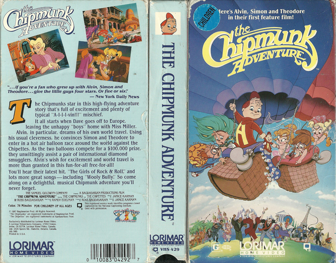 THE CHIPMUNK ADVENTURE LORIMAR HOME VIDEO VHS COVER
