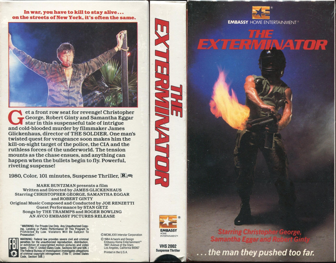 THE EXTERMINATOR, ACTION VHS COVER, HORROR VHS COVER, BLAXPLOITATION VHS COVER, HORROR VHS COVER, ACTION EXPLOITATION VHS COVER, SCI-FI VHS COVER, MUSIC VHS COVER, SEX COMEDY VHS COVER, DRAMA VHS COVER, SEXPLOITATION VHS COVER, BIG BOX VHS COVER, CLAMSHELL VHS COVER, VHS COVER, VHS COVERS, DVD COVER, DVD COVERS