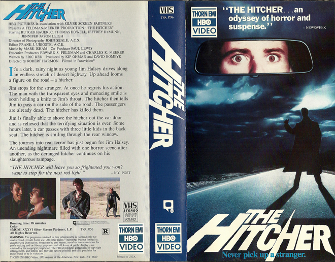 THE HITCHER, THORN EMI VIDEO, HBO VIDEO, VHS COVER, VHS COVERS