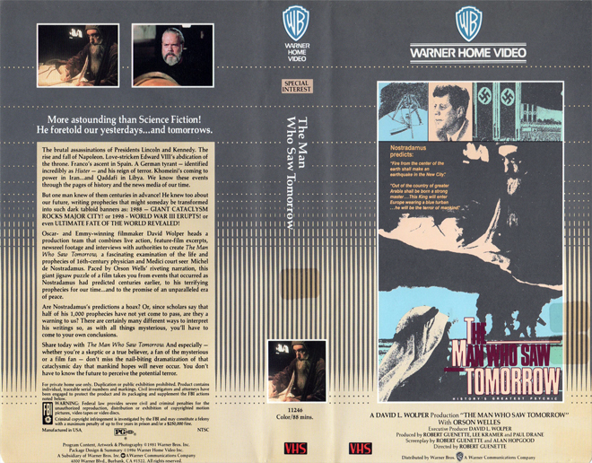 THE MAN WHO SAW TOMORROW, ACTION VHS COVER, HORROR VHS COVER, BLAXPLOITATION VHS COVER, HORROR VHS COVER, ACTION EXPLOITATION VHS COVER, SCI-FI VHS COVER, MUSIC VHS COVER, SEX COMEDY VHS COVER, DRAMA VHS COVER, SEXPLOITATION VHS COVER, BIG BOX VHS COVER, CLAMSHELL VHS COVER, VHS COVER, VHS COVERS, DVD COVER, DVD COVERS