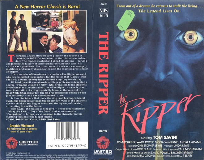 THE RIPPER TOM SAVINI VHS COVER