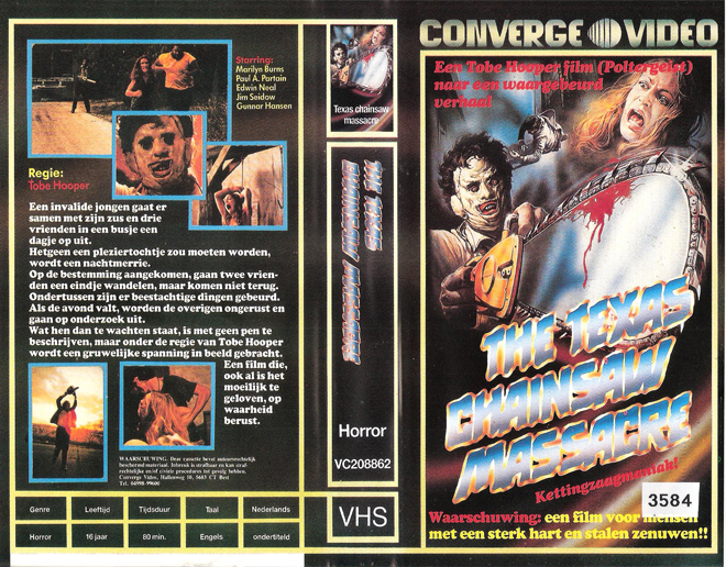 THE TEXAS CHAINSAW MASSACRE CONVERGE VIDEO, DUTCH VHS, NETHERLANDS VHS, ACTION VHS COVER, HORROR VHS COVER, BLAXPLOITATION VHS COVER, HORROR VHS COVER, ACTION EXPLOITATION VHS COVER, SCI-FI VHS COVER, MUSIC VHS COVER, SEX COMEDY VHS COVER, DRAMA VHS COVER, SEXPLOITATION VHS COVER, BIG BOX VHS COVER, CLAMSHELL VHS COVER, VHS COVER, VHS COVERS, DVD COVER, DVD COVERS