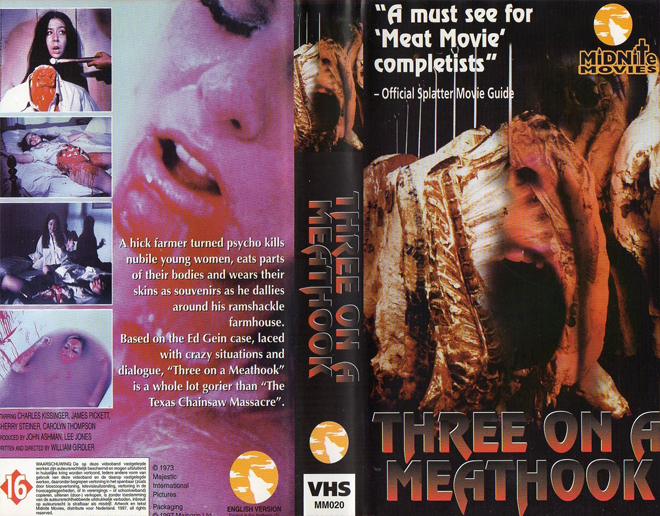 THREE ON A MEATHOOK VHS COVER