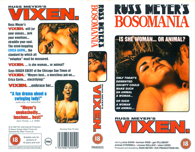 VIXEN, BOSOMANIA, RUSS MEYERS, AUSTRALIAN, HORROR, ACTION EXPLOITATION, ACTION, HORROR, SCI-FI, MUSIC, THRILLER, SEX COMEDY,  DRAMA, SEXPLOITATION, VHS COVER, VHS COVERS, DVD COVER, DVD COVERS