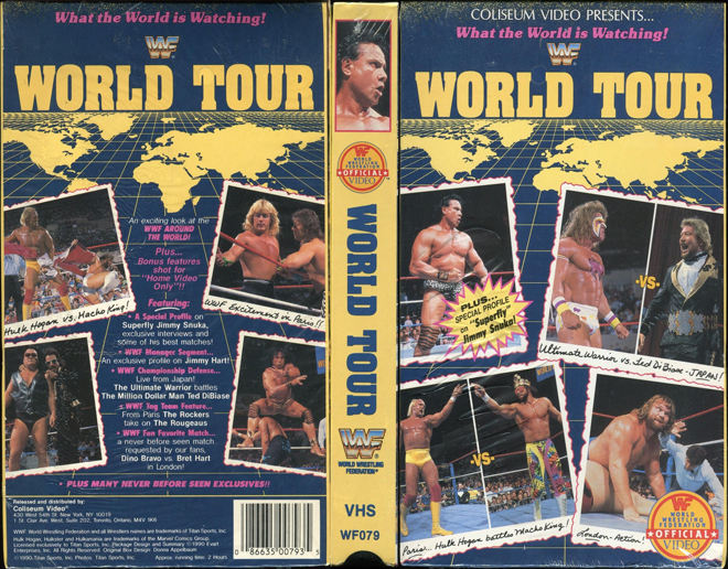 WWF WORLD TOUR, ULTIMATE WARRIOR, MANCHO MAN RANDY SAVAGE, HULK HOGAN, WWF, WWE, COLISEUM VIDEO VHS COVER